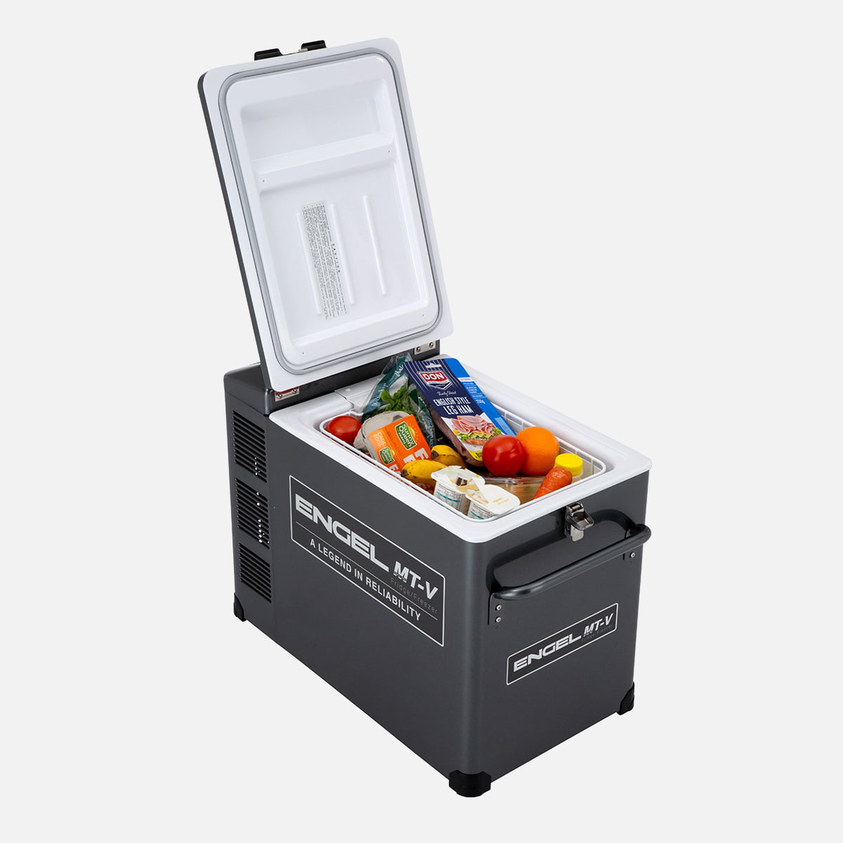 Engel MT-V Portable Fridge Freezer 40 Litre MT45F-G4D-V Open with food inside.