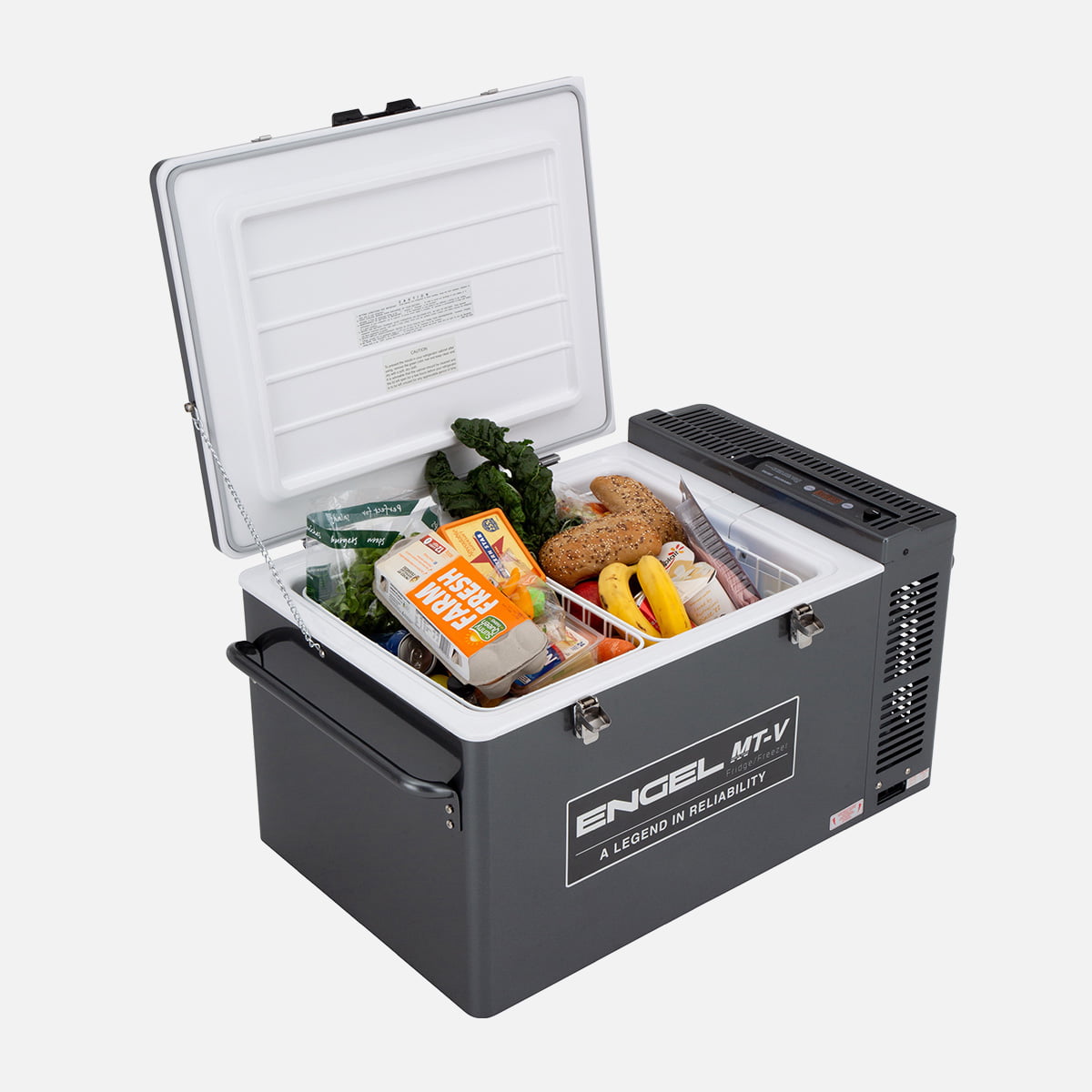 Engel MT-V Portable Fridge Freezer 60 Litre MT60F-G4D-V Open with food inside.