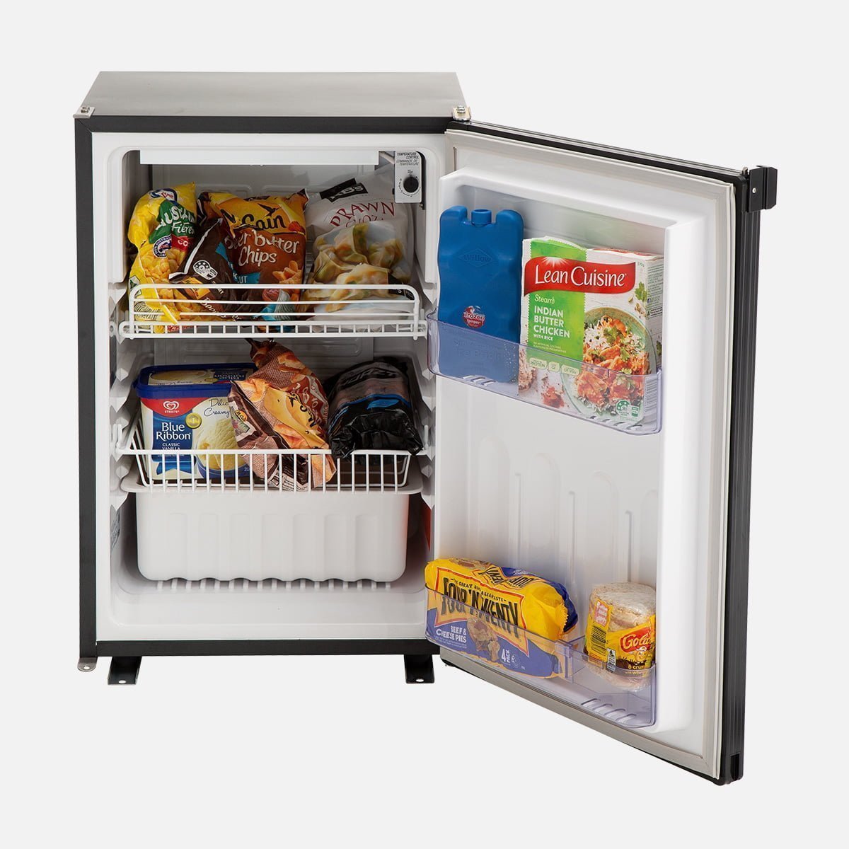 Engel Upright Fridge Freezer 95 Litre - AC and DC STF100F-G4 Open with frozen food inside.