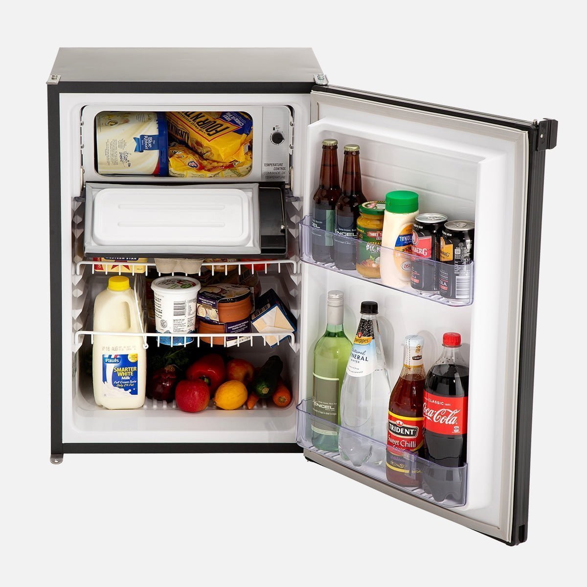 Engel Upright Fridge Freezer 80 Litre - AC and DC ST90F-G4-B Open with food and drinks inside.